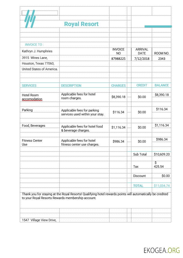 Modèle de facture du Royal Resort
